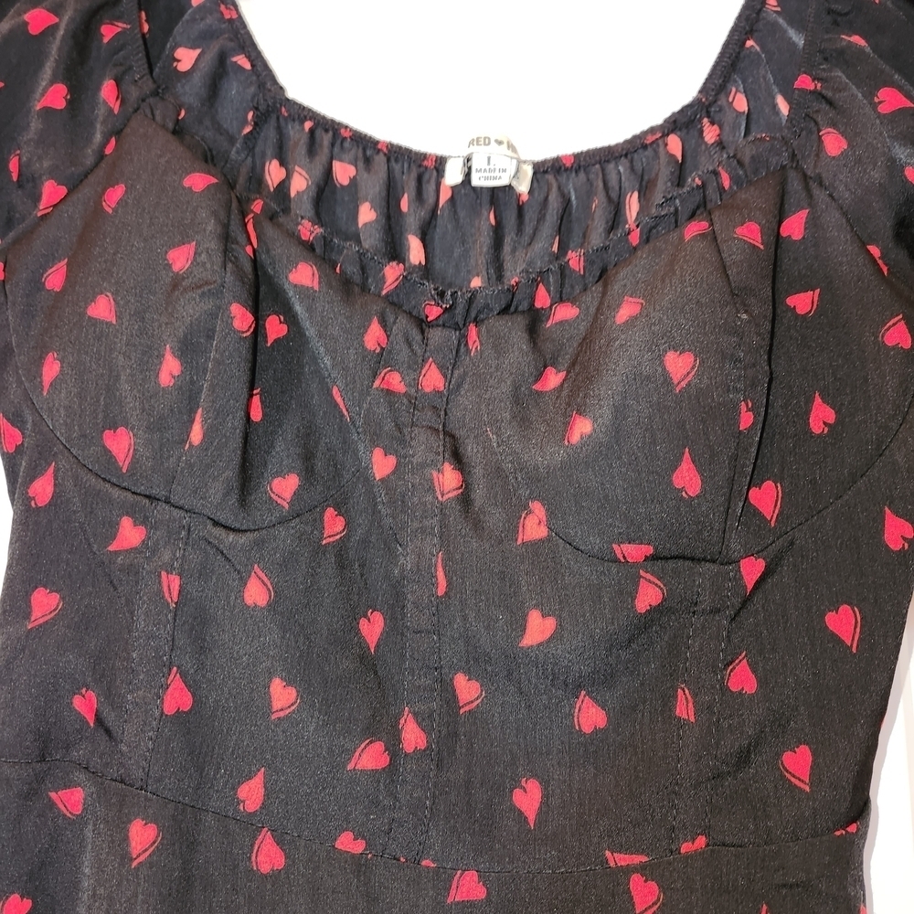 Inspired Hearts Black Dress With Red Hearts Size L Puffy Ruffle Sleeves & Neck - Picture 7 of 11